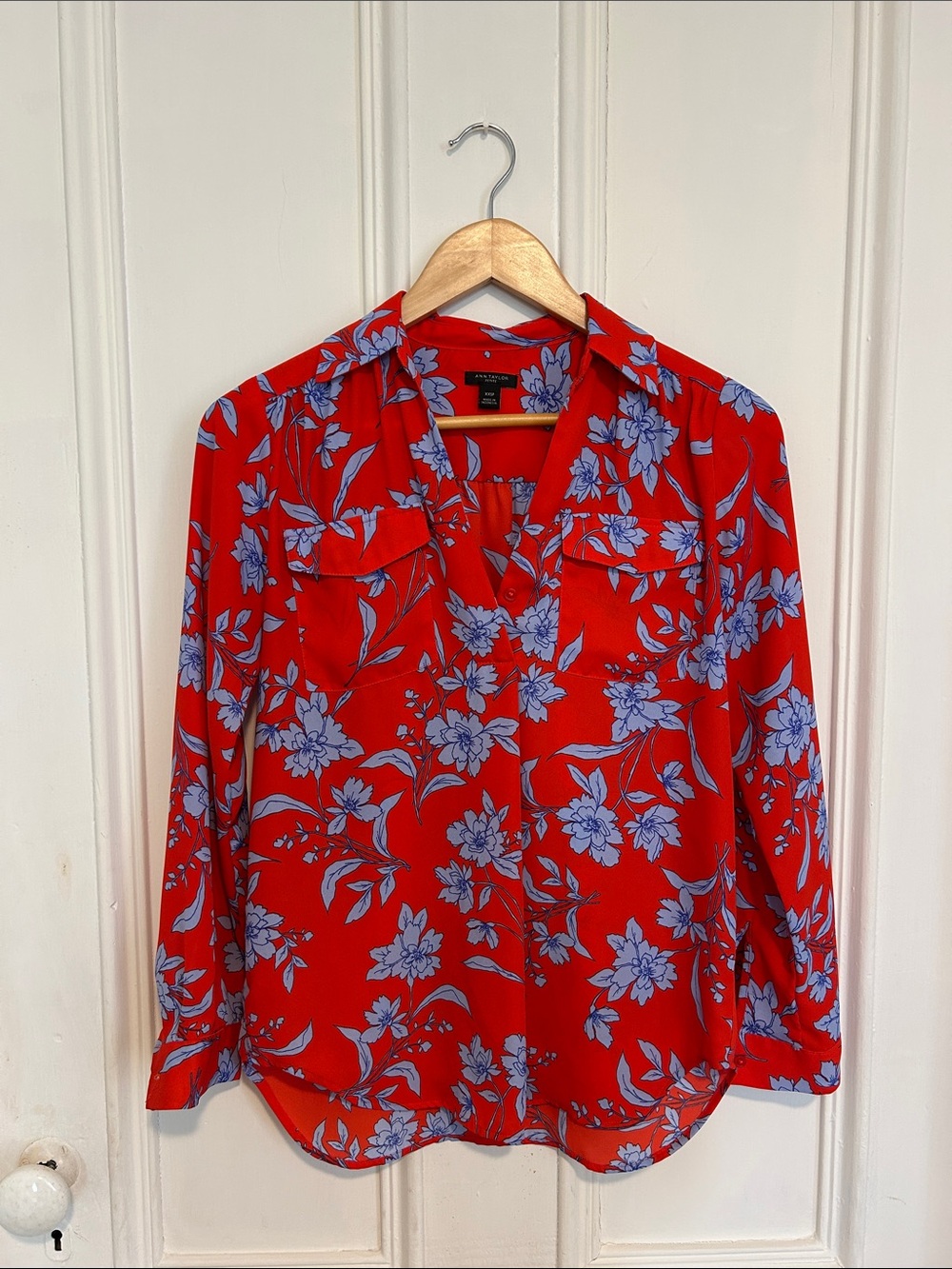Ann Taylor Red Blouse with Blue Floral Print